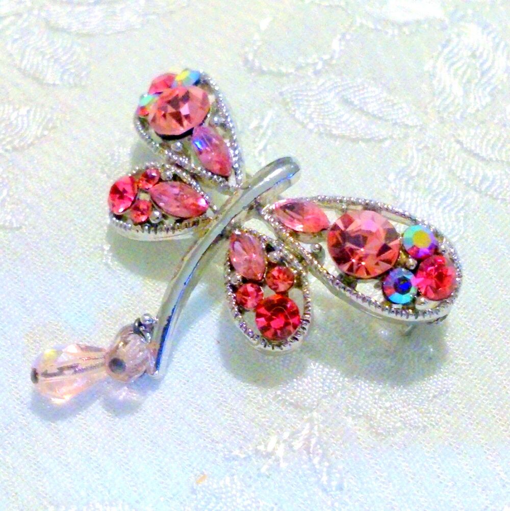 Pink Rhinestone Silver Tone Dragonfly Brooch - Picture 4 of 5
